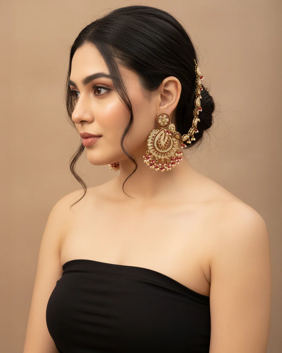 Red Arajashree Bahubali Chandbali with Sahara - Image 5