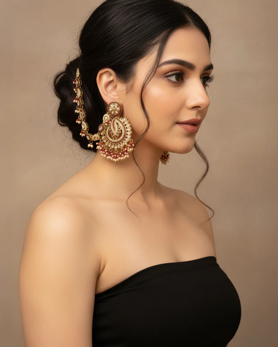Red Arajashree Bahubali Chandbali with Sahara - Image 6