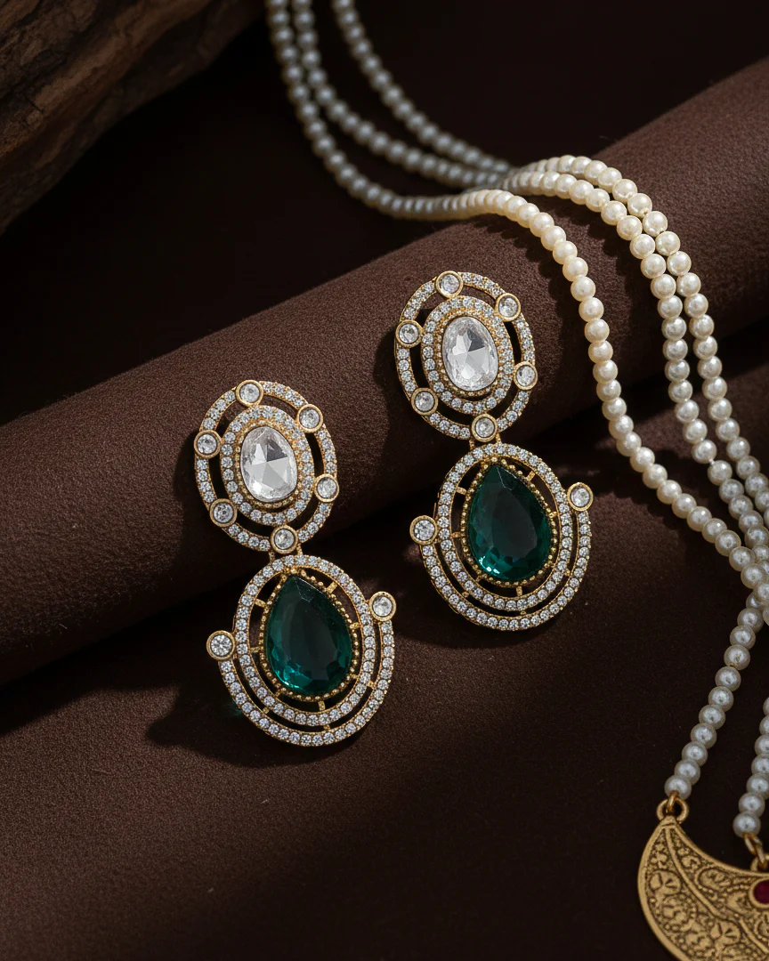 Teal Green Hania Premium Designer Zircone Polki Dupe Earring - Image 3