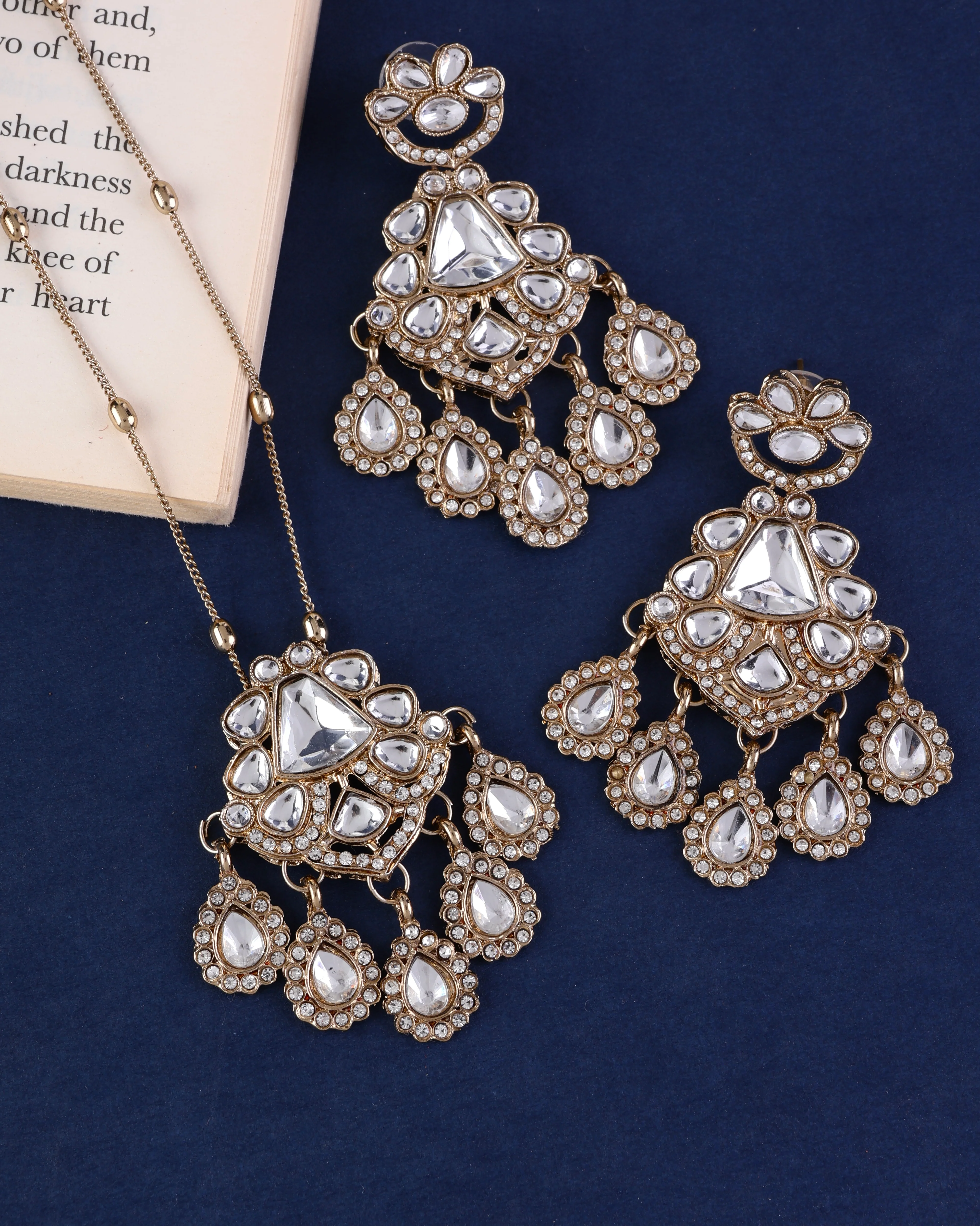 Tejaswi Polki Dupe Long Necklace Set with Statement Chandbali Earring - Image 5