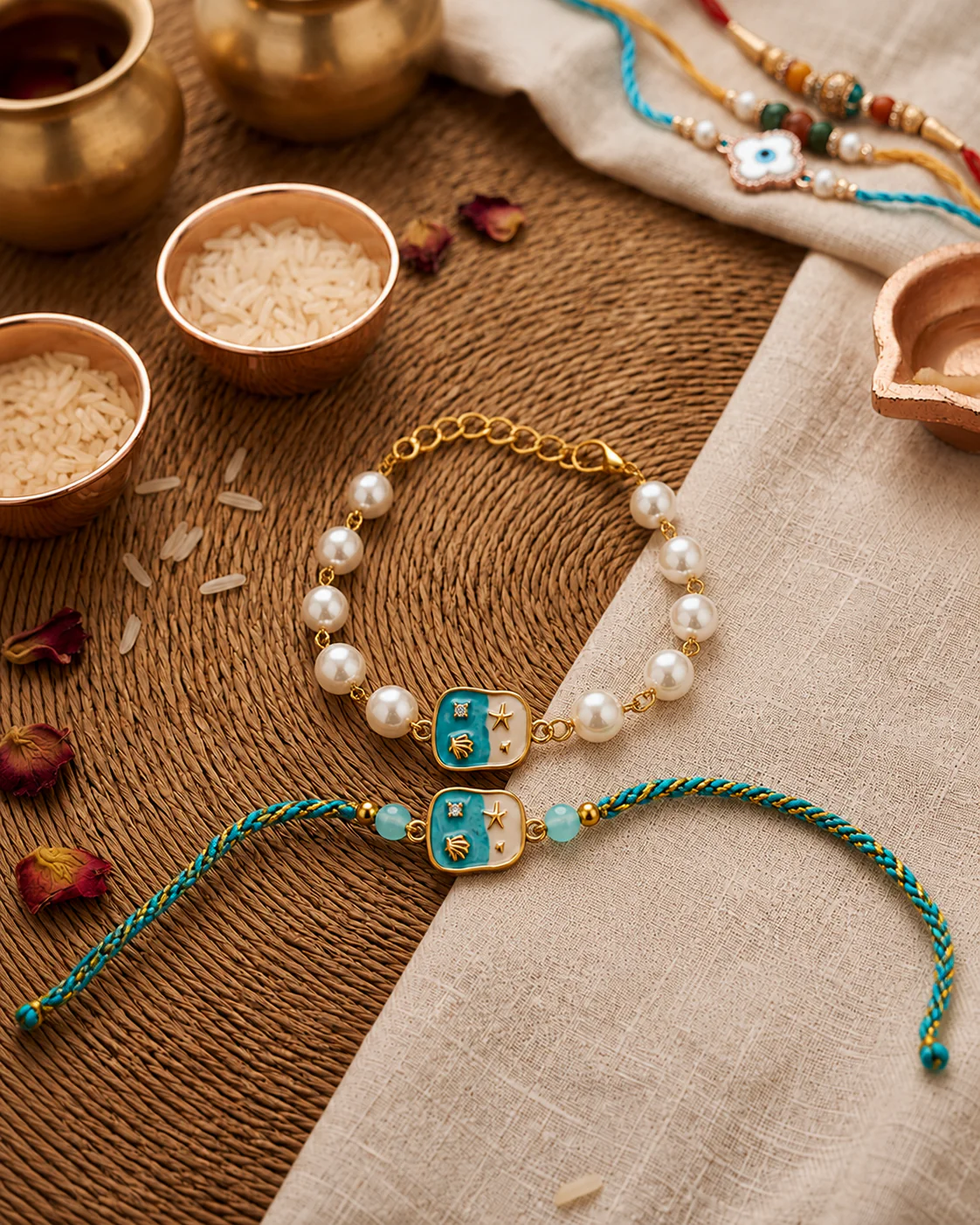 Oceana Pearl Bhaiya Bhabhi Rakhi Bracelet Set | Tilak Set Included