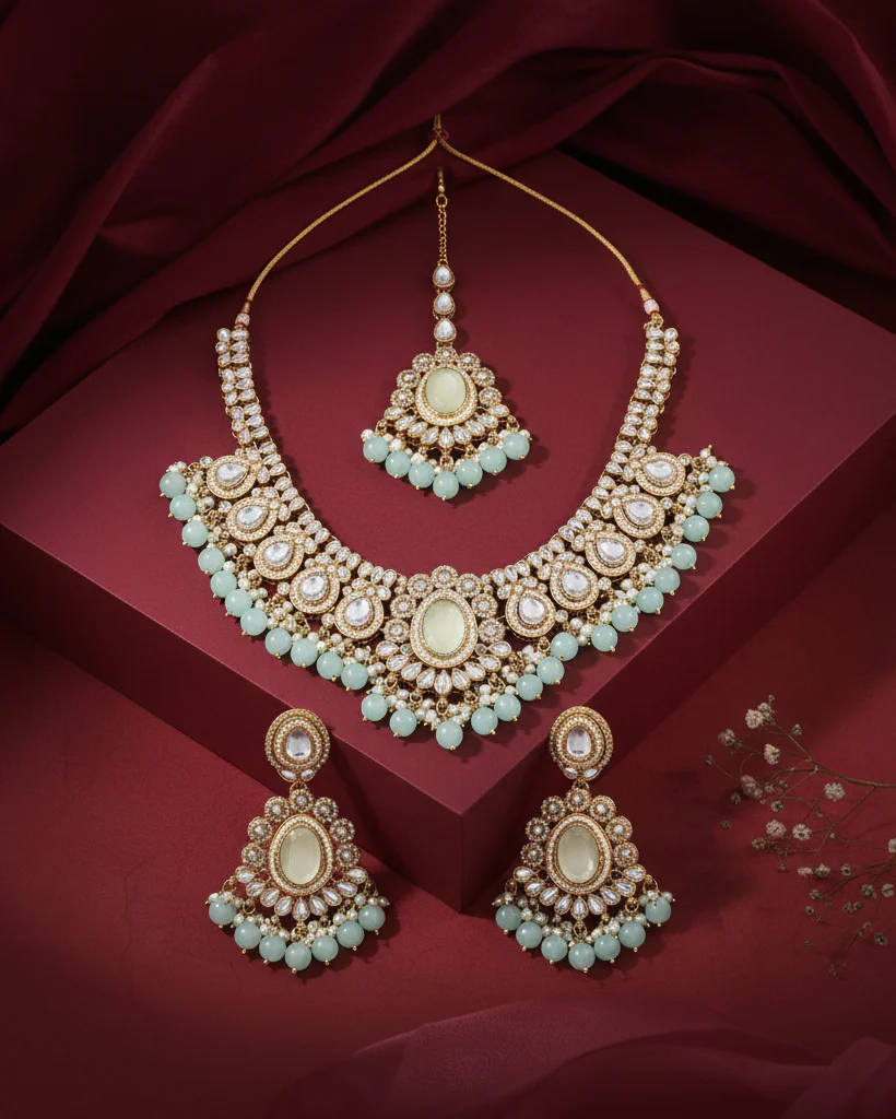 Turquoise Kavisha Premium Polki Dupe Necklace Set with Earring and Teeka - Image 2