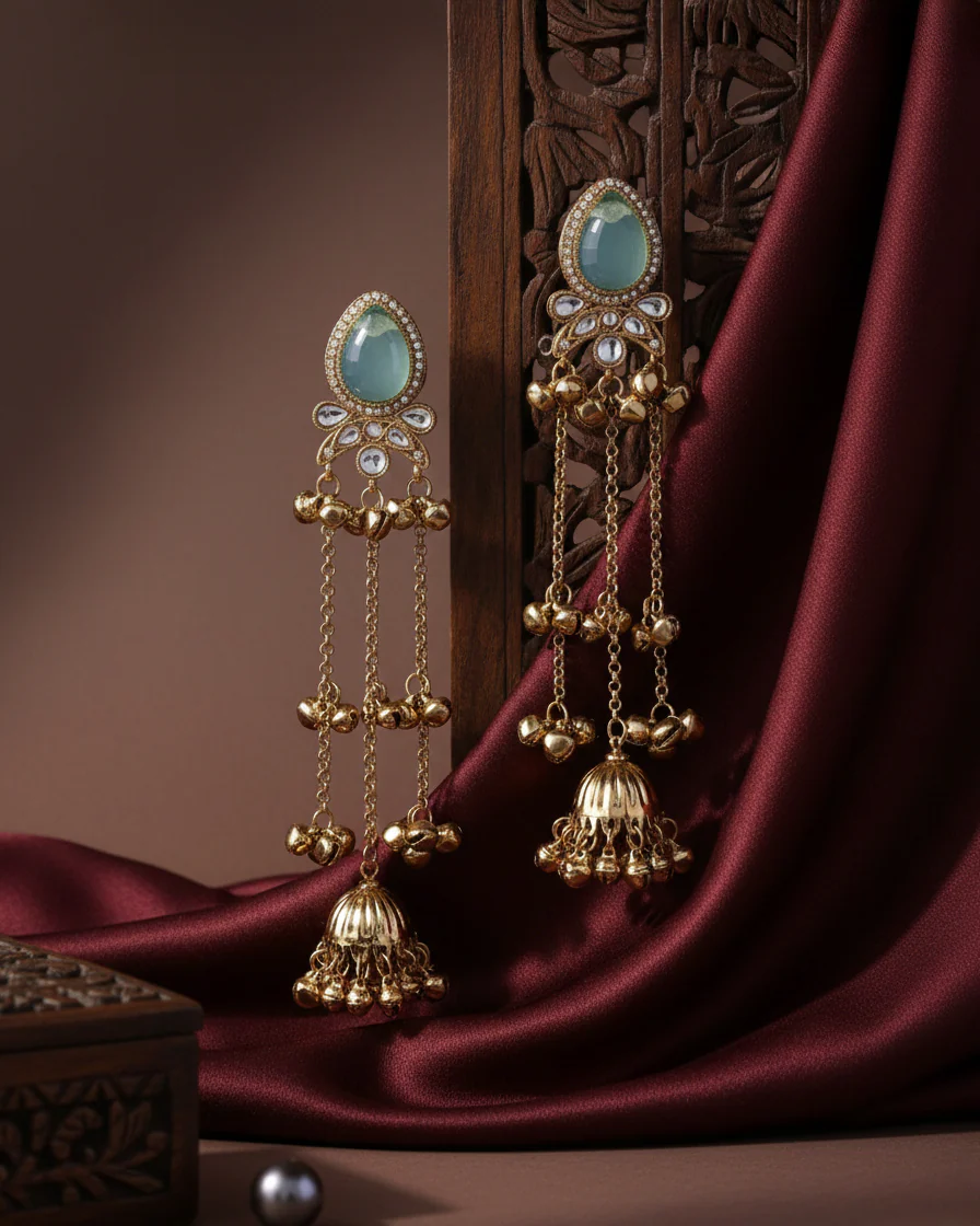 Turquoise Nidhi Kashmiri Look Ghunghru Jhumka Earring - Image 2