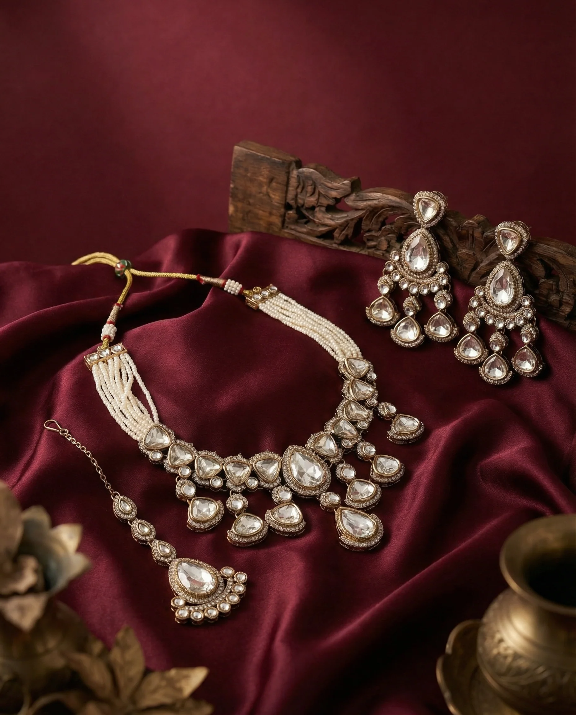 Vrighna Premium Polki Dupe Necklace with Earring and Teeka - Image 2