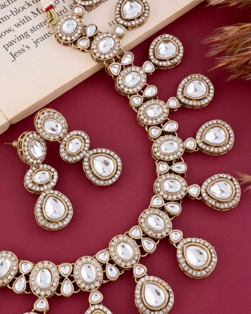 White Nivaya Premium Polki Dupe Necklace with Earring and Teeka - Image 3