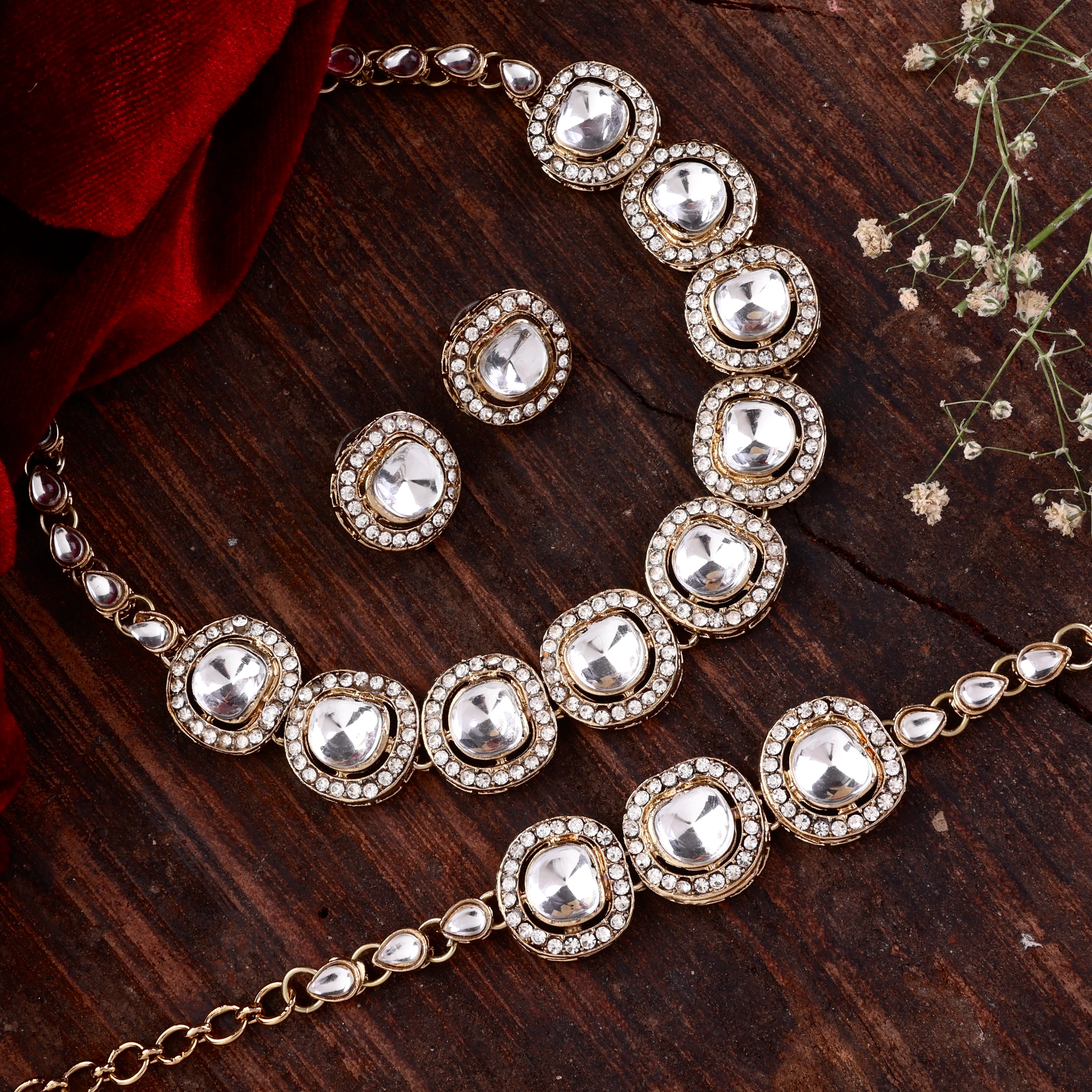 Zareena Polki Dupe Necklace with Earring and Bracelet - Image 6