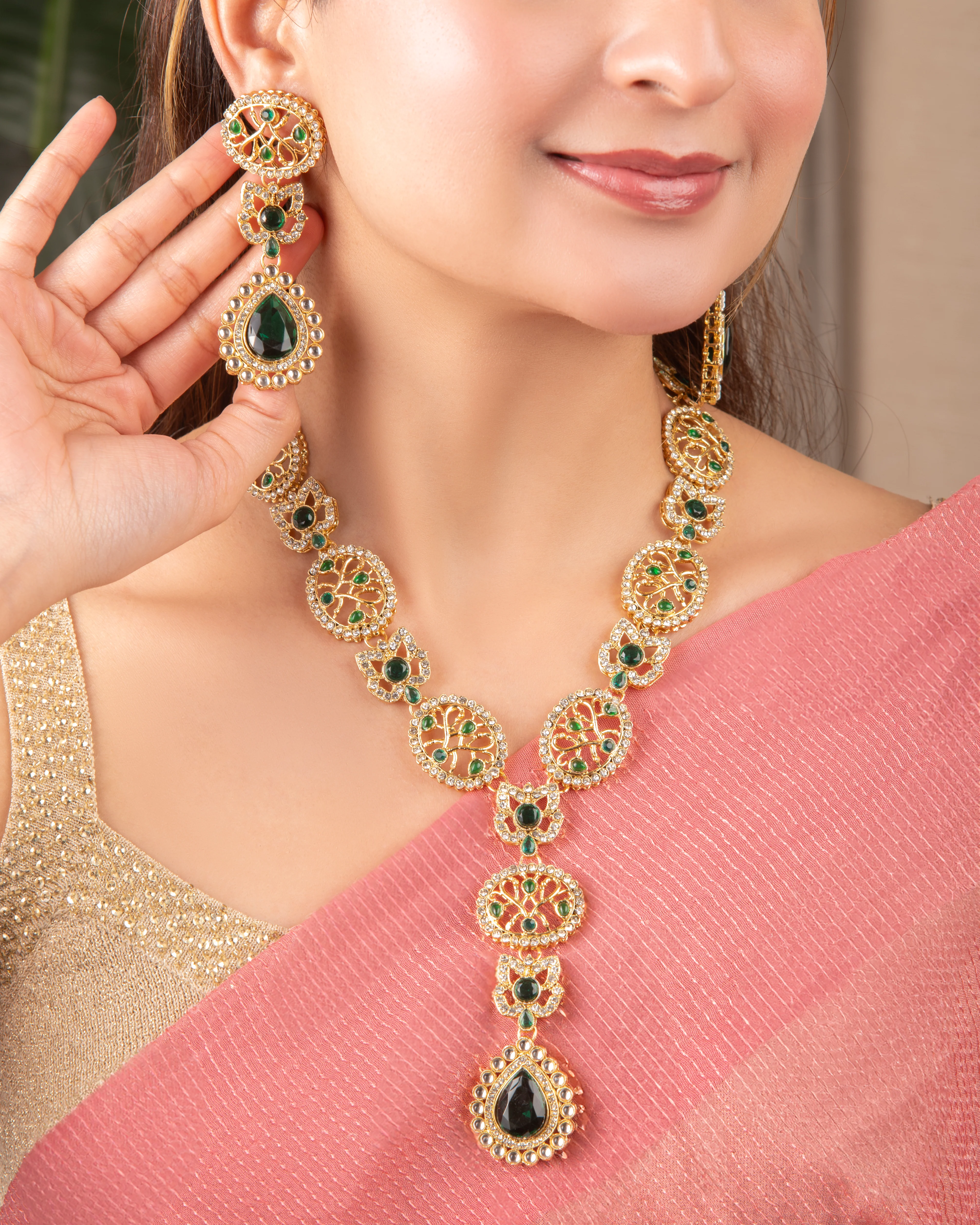 Green Zivah Long Necklace Set with Earring and Teeka - Image 3