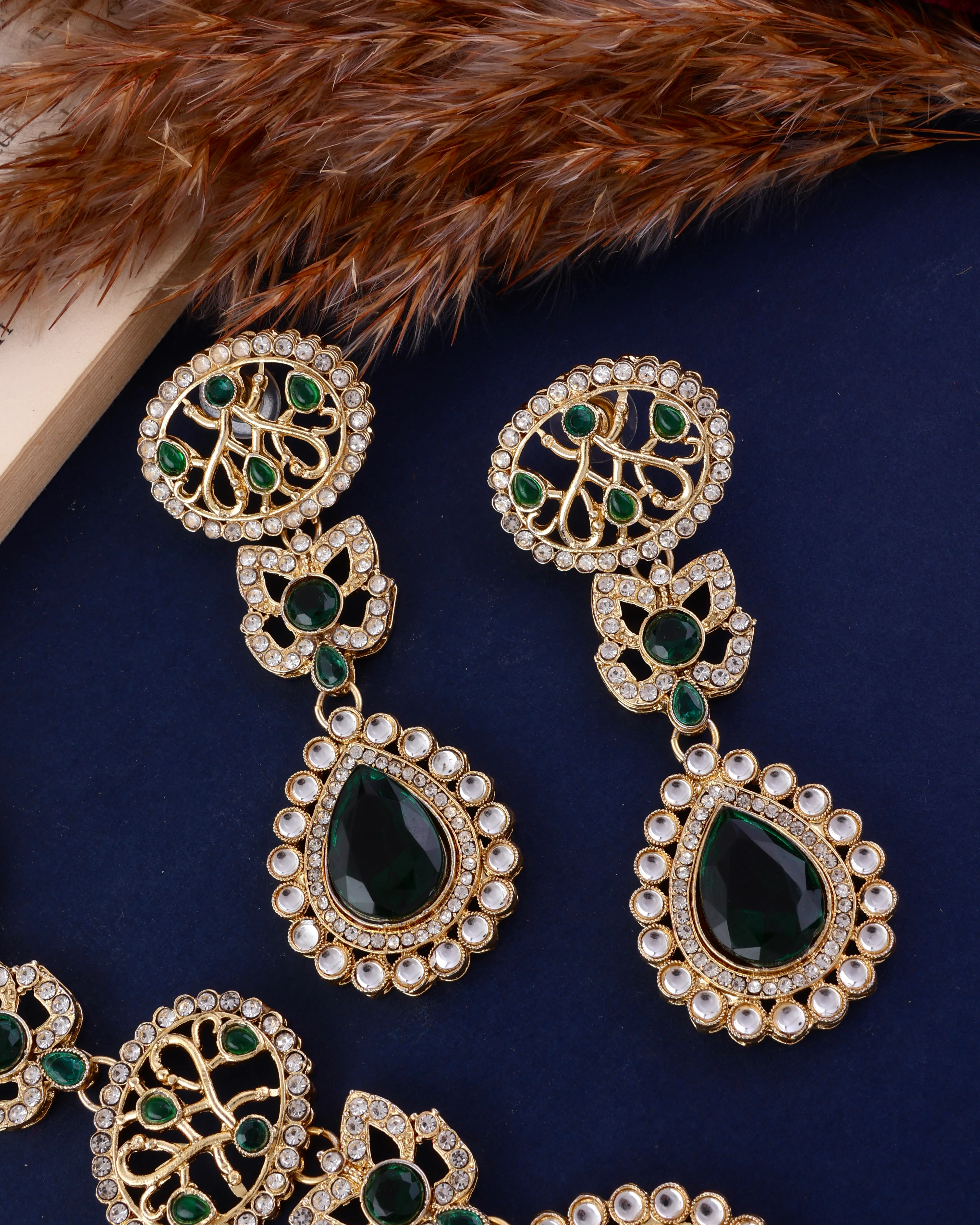 Green Zivah Long Necklace Set with Earring and Teeka - Image 4
